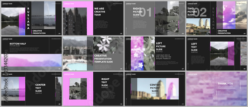 Travel concept presentations design, portfolio vector templates with graphic elements on black. Multipurpose template for presentation slide, flyer leaflet, brochure cover, report, advertising.
