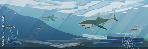 Realistic Northern underwater landscape. Two sharks, hunting a flock of herring fish. Rocky bottom with algae. Vector, a scene from marine life.