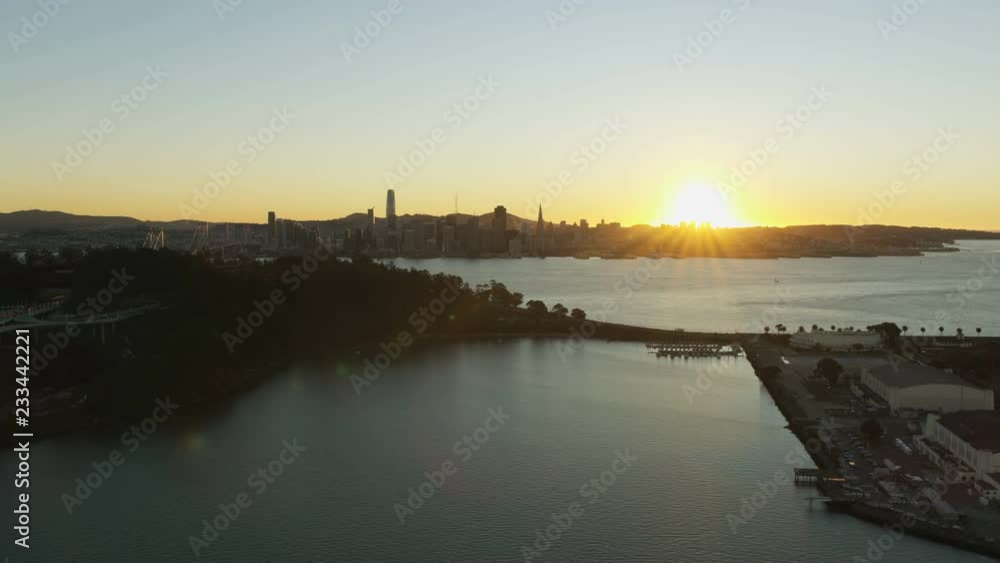 Aerial sunset view Oakland bay bridge San Francisco