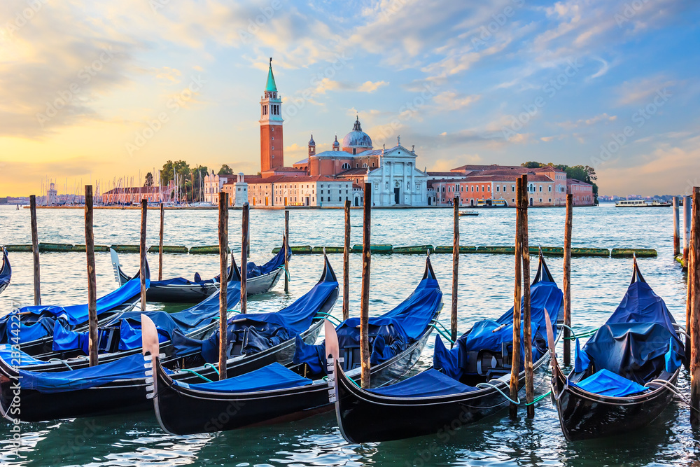 Gondolas mooring and San Giorgio Maggiore view, Venice, Italy