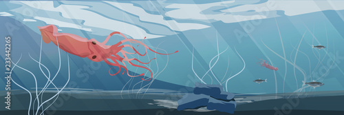Northern underwater landscape. Large red squid and a flock of herring fish. Vector illustration, a scene from marine life.