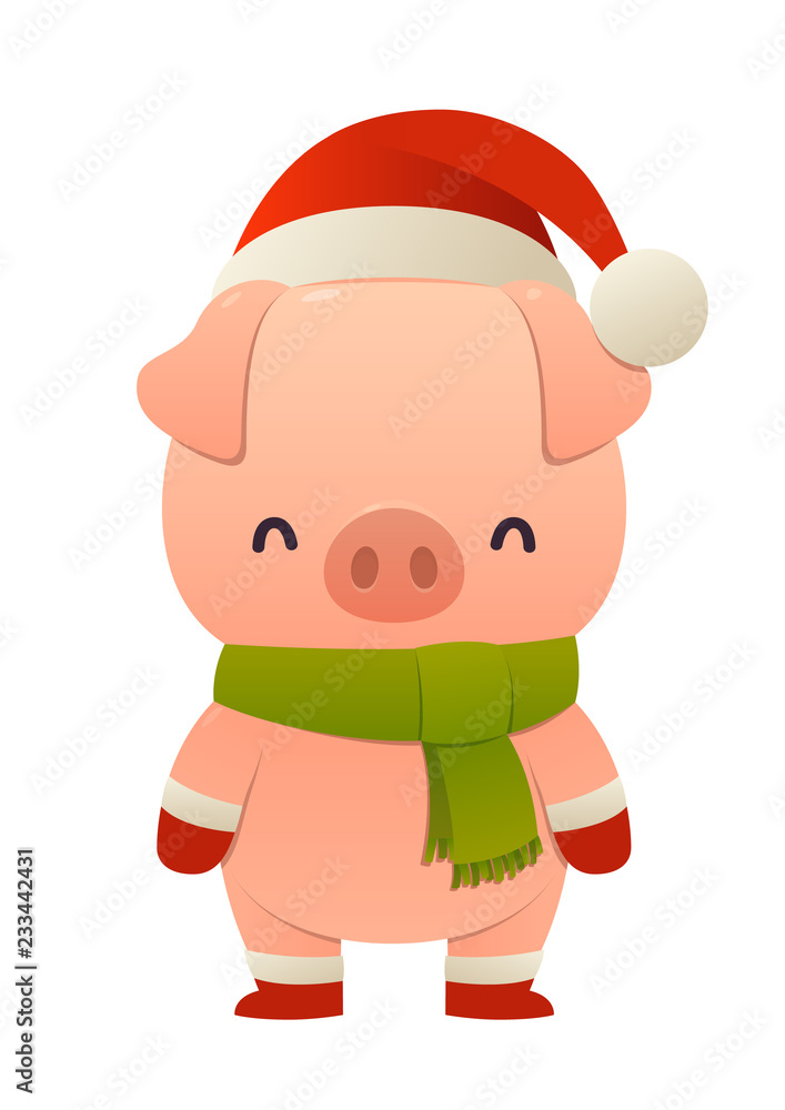 Cute Pig cartoon character in Santa hat happy Christmas and New year Cute Pig cartoon character in Santa hat happy Christmas and New year