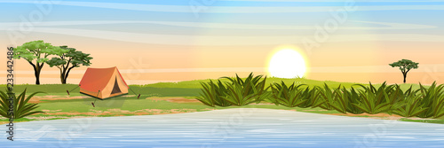 Tent for rest and tourism in the African savannah. A small drying lake. Realistic vector landscape. The nature of Africa. Reserves and national parks. Camping and tourism.