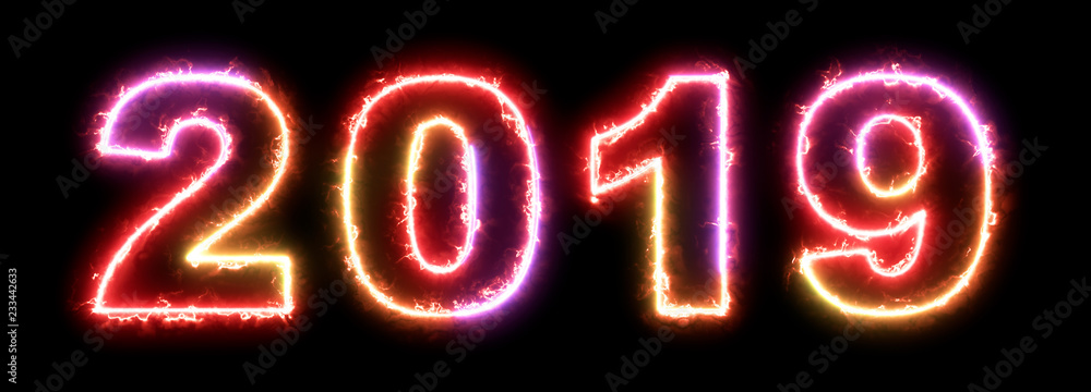 2019 new year - colorful glowing outline symbol on dark background 2019 new year - colorful glowing outline symbol on dark background