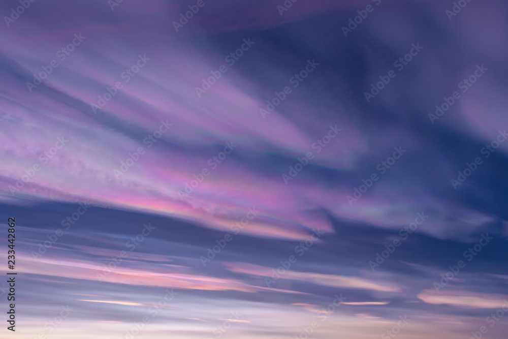 Nacreous (mother of pearl) or polar stratospheric clouds, Northern Iceland 