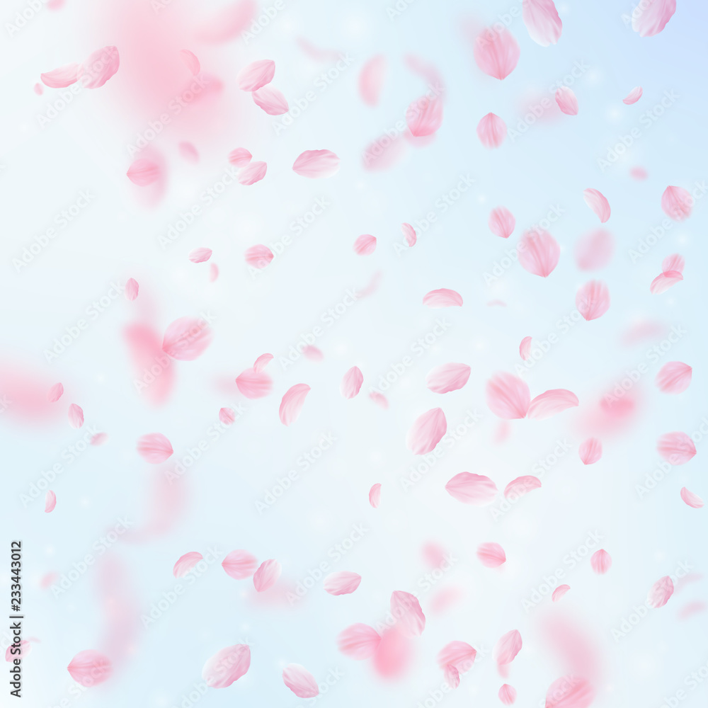 7449447 Sakura petals falling down. Romantic pink flowers