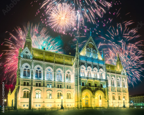 Beautiful fireworks above Hungarian Parliament in Budapest