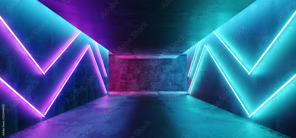 Neon Glowing Sci Fi Modern Futuristic Empty Dark Grunge Concrete With Space For Text And Glowing Purple And Blue Neon Lines Abstract Background 3D Rendering