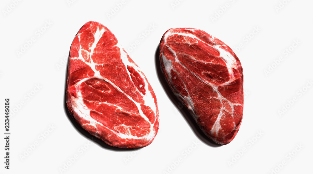 Two steaks top view isolated on white background Two steaks top view isolated on white background