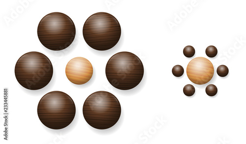 Ebbinghaus illusion with wooden balls. Optical illusion of relative size perception. The two balls in the middle are exactly the same size. However, the one on the right appears larger.
