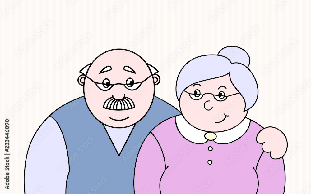 Plakat Embracing grandfather and grandmother family couple portrait illustration. Elder silver haired people. Two old persons man & woman at home interior. Flat style vector