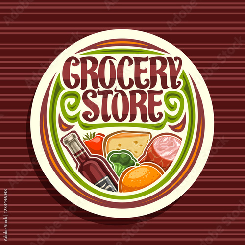 Vector logo for Grocery Store, white round signage with pile of fresh variety farming fruits and vegetables, original typeface for words grocery store, sticker for farmer department in hypermarket.