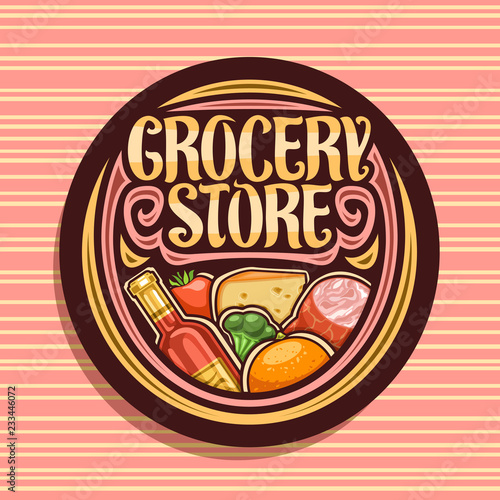 Vector logo for Grocery Store, dark round signboard with heap of fresh variety farming fruits and vegetables, original typeface for words grocery store, label for farmer department in hypermarket.