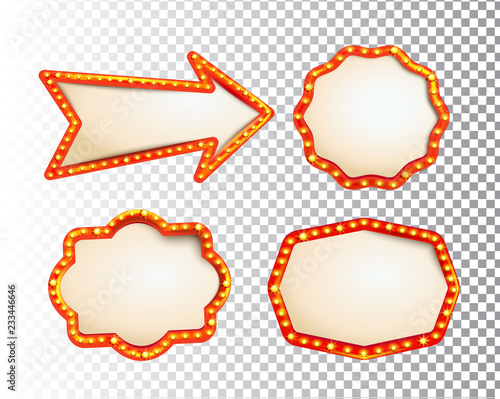Shining isolated retroset bulb light frames and arrow on transparent background. Vintage style banner, sign, signboard. Perfect template for shows, casino, cinema, circus. Vector illustration EPS 10