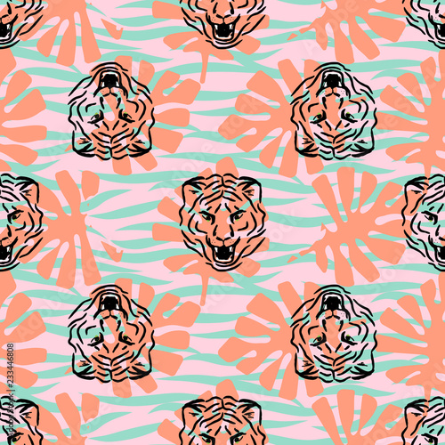 Photography Tiger heads and stripes seamless vector pattern with palm leaves