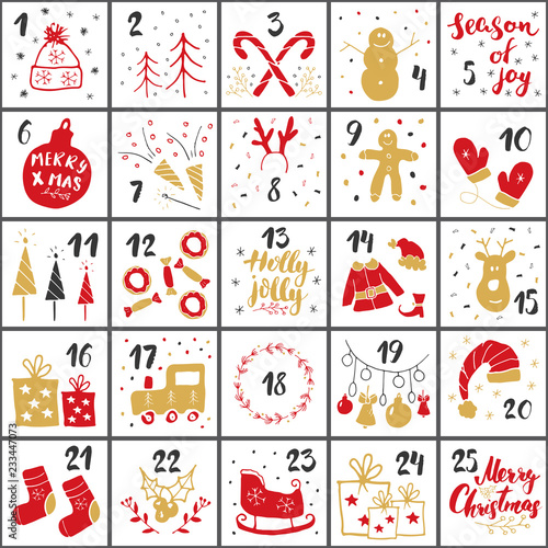 Christmas advent calendar. Hand drawn elements and numbers. Winter holidays calendar cards set design, Vector illustration