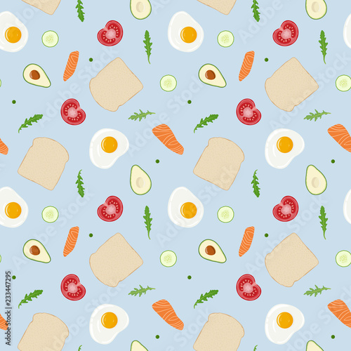 Fried eggs, toast bread, tomato, cucumber, arugula (rucola), peas, salmon, avocado breakfast seamless pattern. Fresh toasted bread, fried eggs and vegetables. Yummy healthy breakfast.