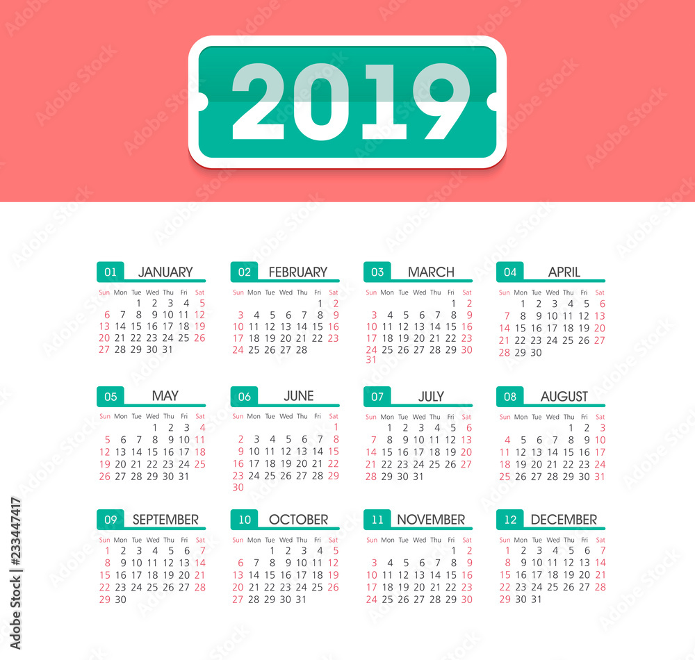 Calendar 2019 year. Week starts from Sunday Calendar 2019 year. Week starts from Sunday