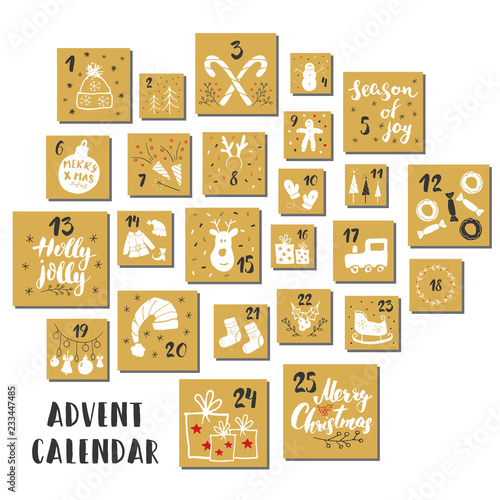 Christmas advent calendar. Hand drawn elements and numbers. Winter holidays calendar cards set design, Vector illustration