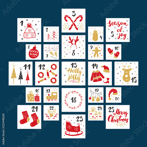 Christmas advent calendar. Hand drawn elements and numbers. Winter holidays calendar cards set design, Vector illustration