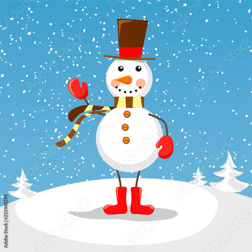 Cute and conceptual snowman with a scarf, pellets and boots on a snowy hill. Holiday illustration with a snowman.