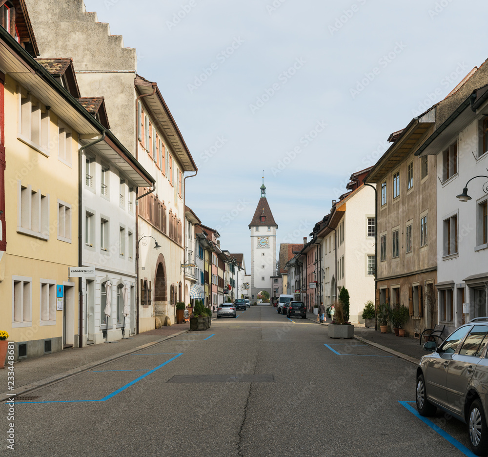 Neunkirch, SH / Switzerland - November 10, 2018: historic village of Neunkirch almost completely empty on an early weekend morning with landmarks and historic town center deserted