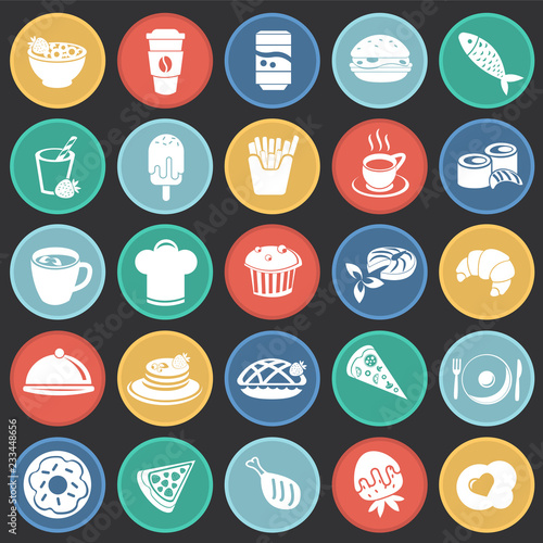 Food and drinks set on color circles black background icons