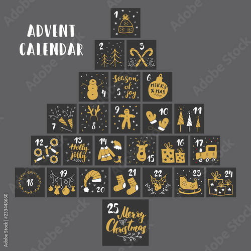 Christmas advent calendar. Hand drawn elements and numbers. Winter holidays calendar cards set design, Vector illustration