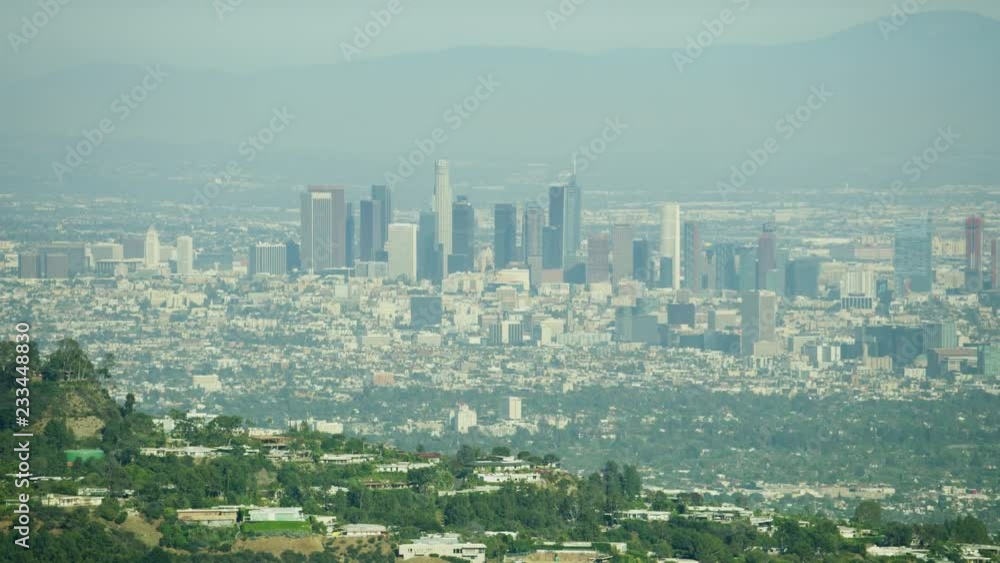 Aerial view Hollywood Los Angeles skyscrapers luxury homes