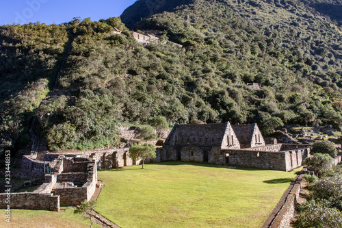 Main Plaza with story buildings at the Inca Site of Choquequirao, Andes Mountains, Peru