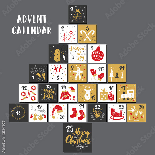 Christmas advent calendar. Hand drawn elements and numbers. Winter holidays calendar cards set design, Vector illustration