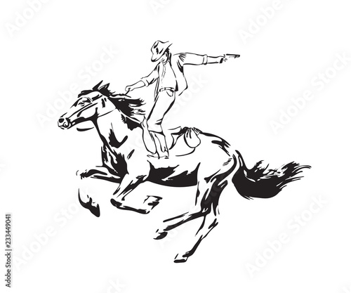 Hand drawn man with revolver riding horse. Wild west cowboy chase vector illustration. Black isolated on white background