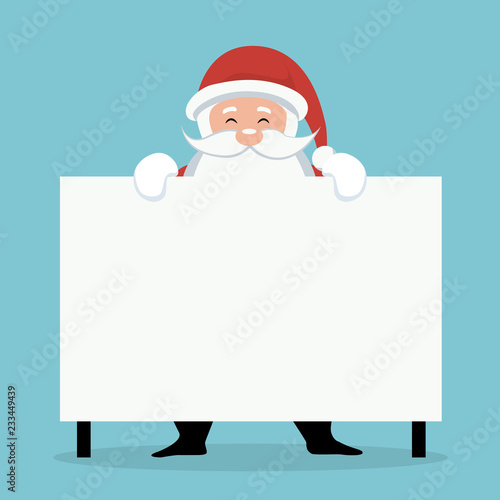 Christmas card of Santa Claus behind white sign or placard