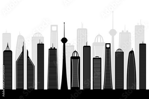 Black city silhouette with skyscrapers and TV tower