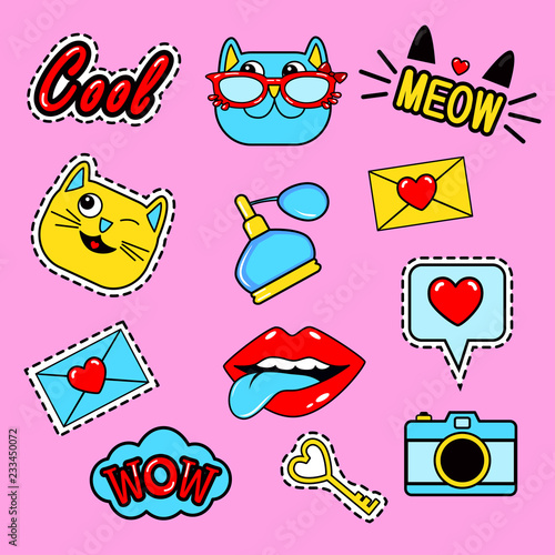 Fashion patch badges with lips, cats, hearts, meow, letter, perfume, camera, speech bubbles,tongue, lipstick and other elements.Set of girlish stickers, patches in cartoon isolated on black background