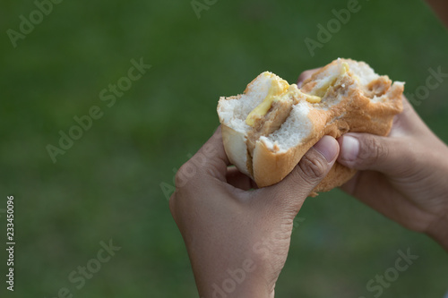 Closeup of hand holding Hamburger for eat, food concept
