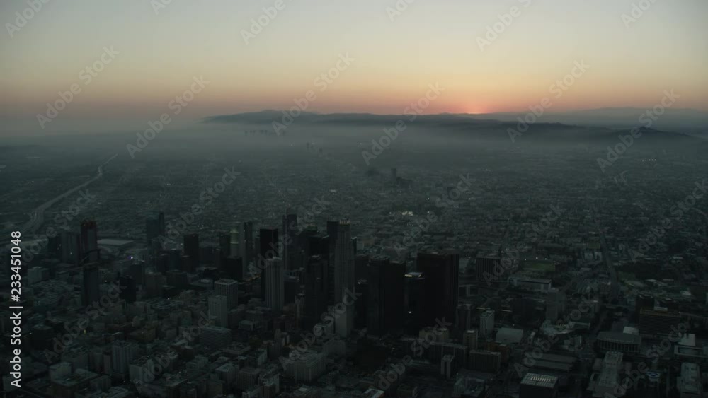 Aerial sunset view of Los Angeles skyscrapers USA Aerial sunset view of Los Angeles skyscrapers USA