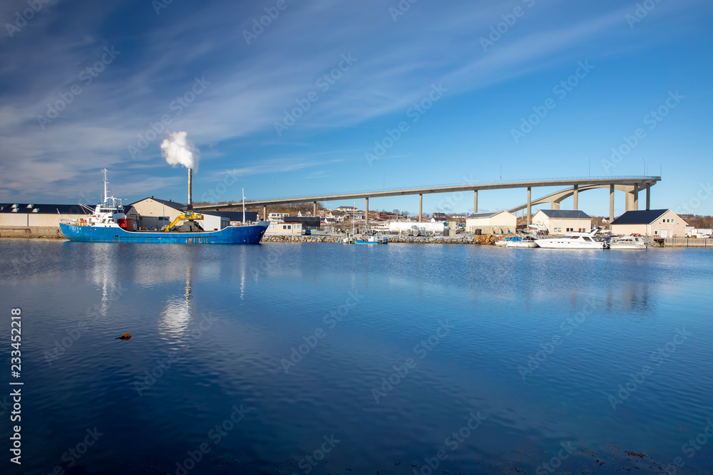 Brønnøysund bridge and it is Winter in the harbour, Nordland county