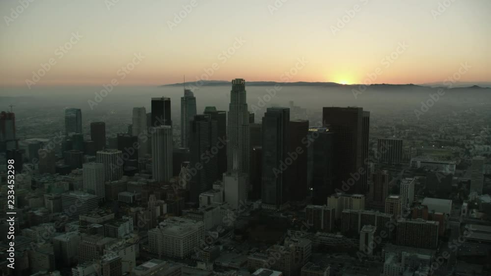 Aerial view of Los Angeles skyscrapers sunset America Aerial view of Los Angeles skyscrapers sunset America