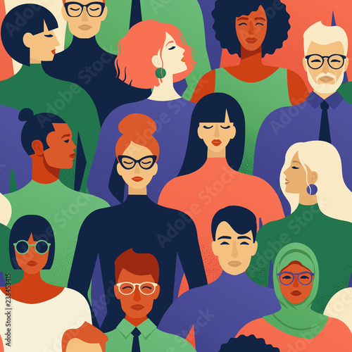 Seamless pattern of many different people profile heads. Vector background.