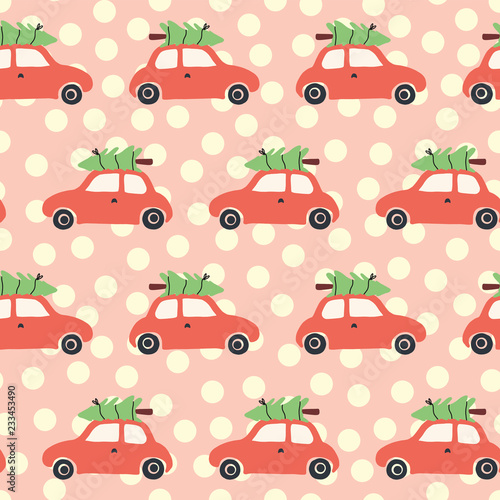 Vector seamless pattern with red car and christmas tree on the roof. Vintage Christmas background with retro cars and Christmas decoration on pink and beige. Holiday art for kids, fabric, gift wrap