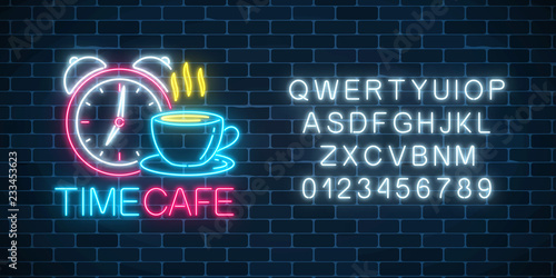 Neon sign of time-cafe with clock and coffee cup with alphabet. Glowing symbol of anti-cafe with text.