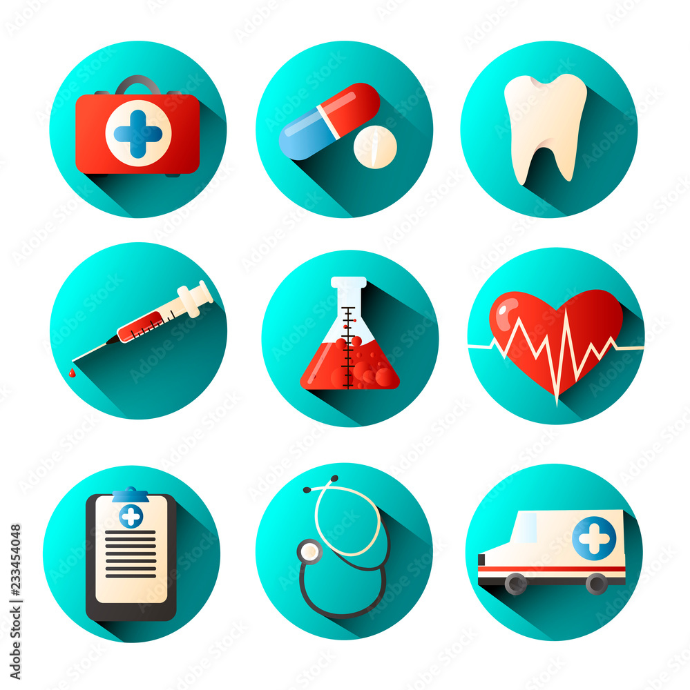 Set of medical icons with different elements of a syringe, ambulance, pills and more. Set of medical icons with different elements of a syringe, ambulance, pills and more.