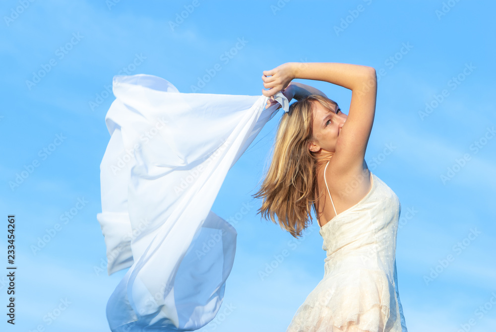 happy young girl on the sky background happy young girl on the sky background