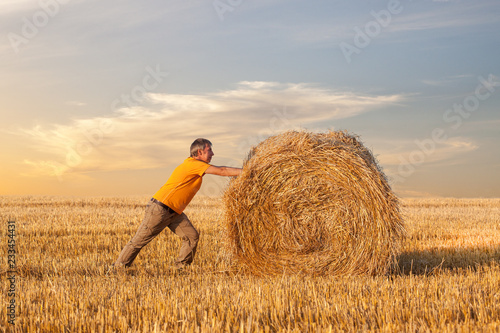 Bild auf Leinwand A man pushing a straw bale at sunset