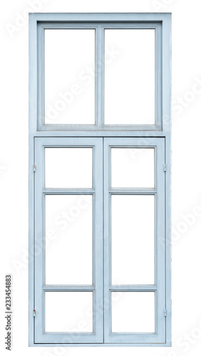 Old blue palace window isolated on white background  retro style double frames building element for design