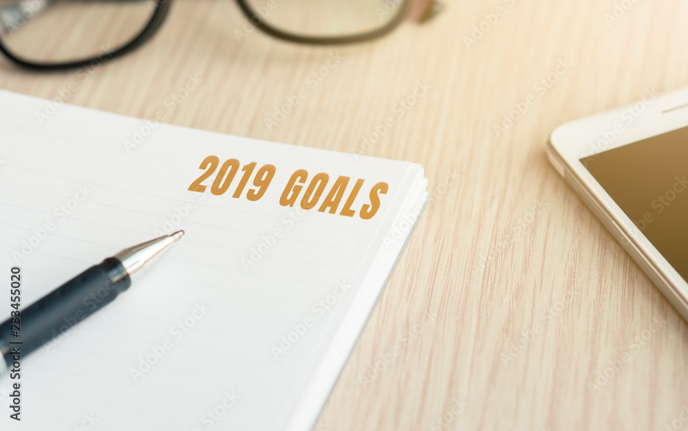 2019 Goals word on life improvement book for new years resolution concept 2019 Goals word on life improvement book for new years resolution concept