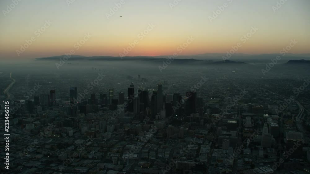 Aerial sunset view of Los Angeles skyscrapers USA Aerial sunset view of Los Angeles skyscrapers USA