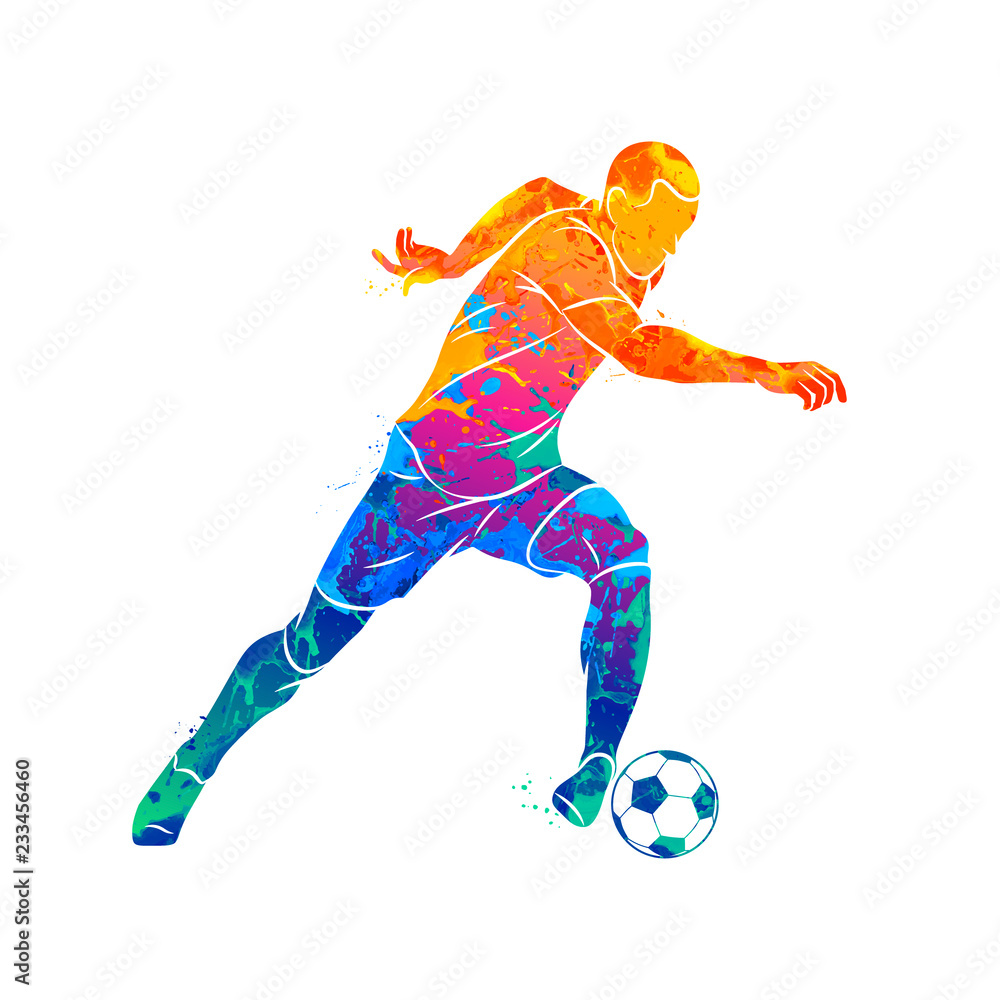 Fototapeta premium Abstract soccer player running with the ball from splash of watercolors