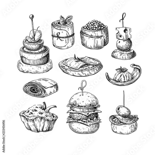 Murais de parede Finger food vector drawings. Food appetizer and snack sketch. Ca